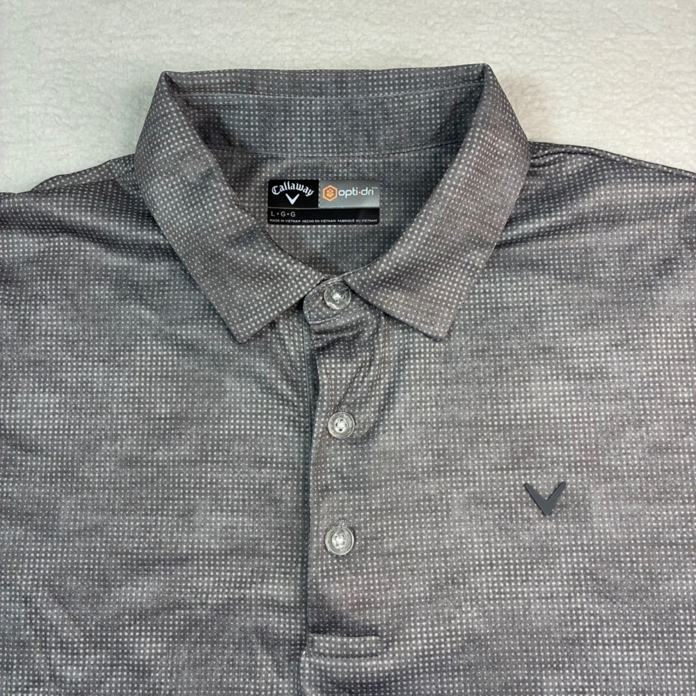 Callaway Golf Polo Shirt Mens LG Gray AOP Polka Dot Stretch Opti Dry Performance